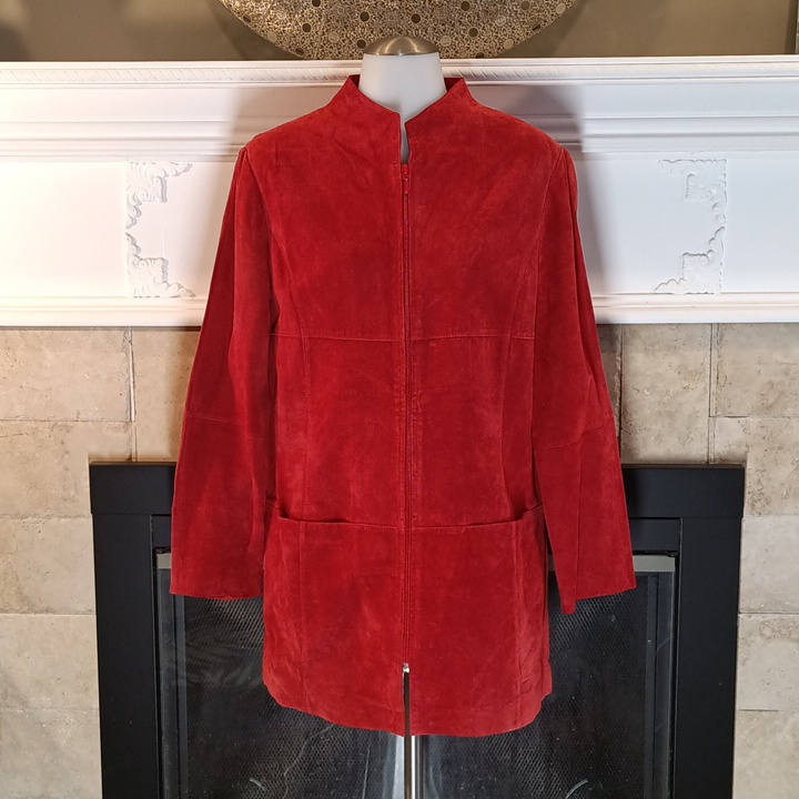 Cherry Red Real Leather Suede Overcoat Medium By Willi Smith